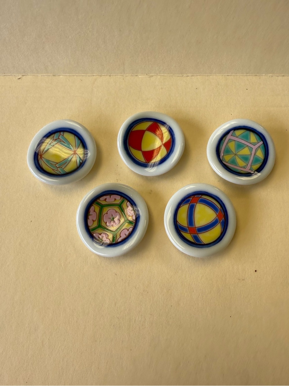 Set of 5 Colorful Decorative Round Ceramic Temari Chopstick Rests.